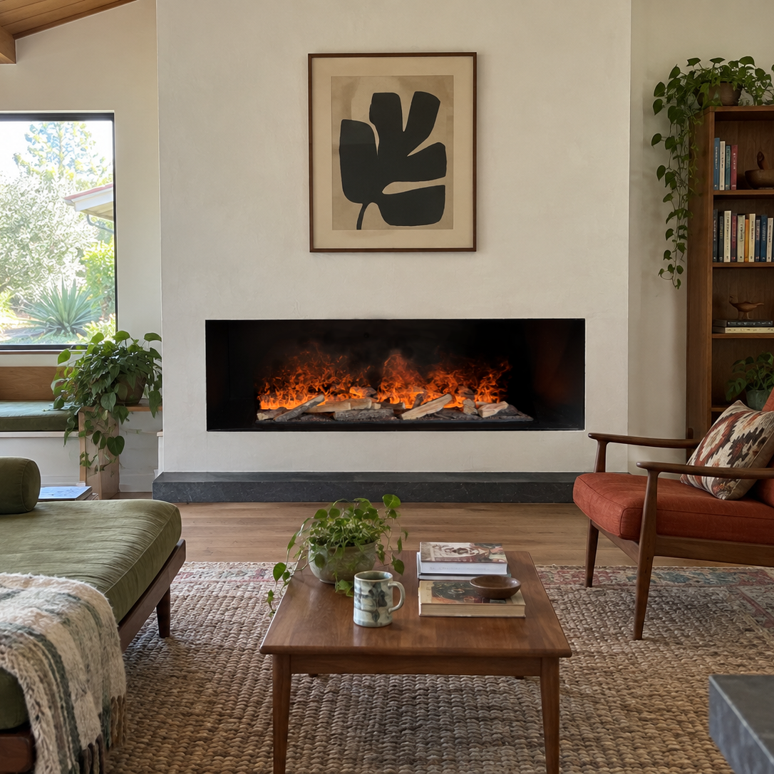 A modern living room featuring a black linear fireplace with glowing orange logs, styled with a green sofa, a rust-orange armchair, a wooden coffee table, and a bookshelf against a warm off-white wall.