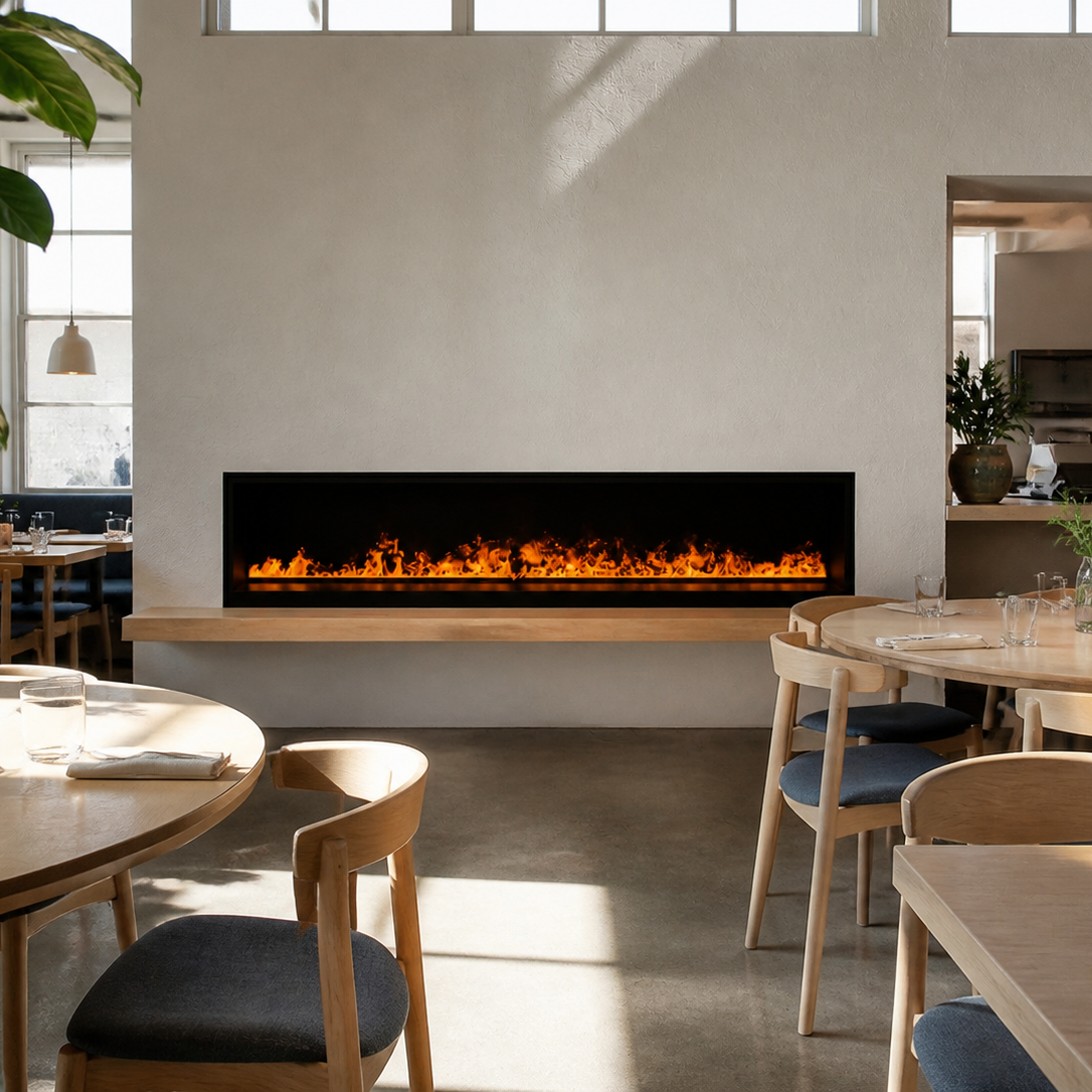 A modern linear electric Aquafire Pro Water Vapor Fireplace mounted on a light beige wall in a contemporary dining room with wooden tables, chairs, and large green plants.