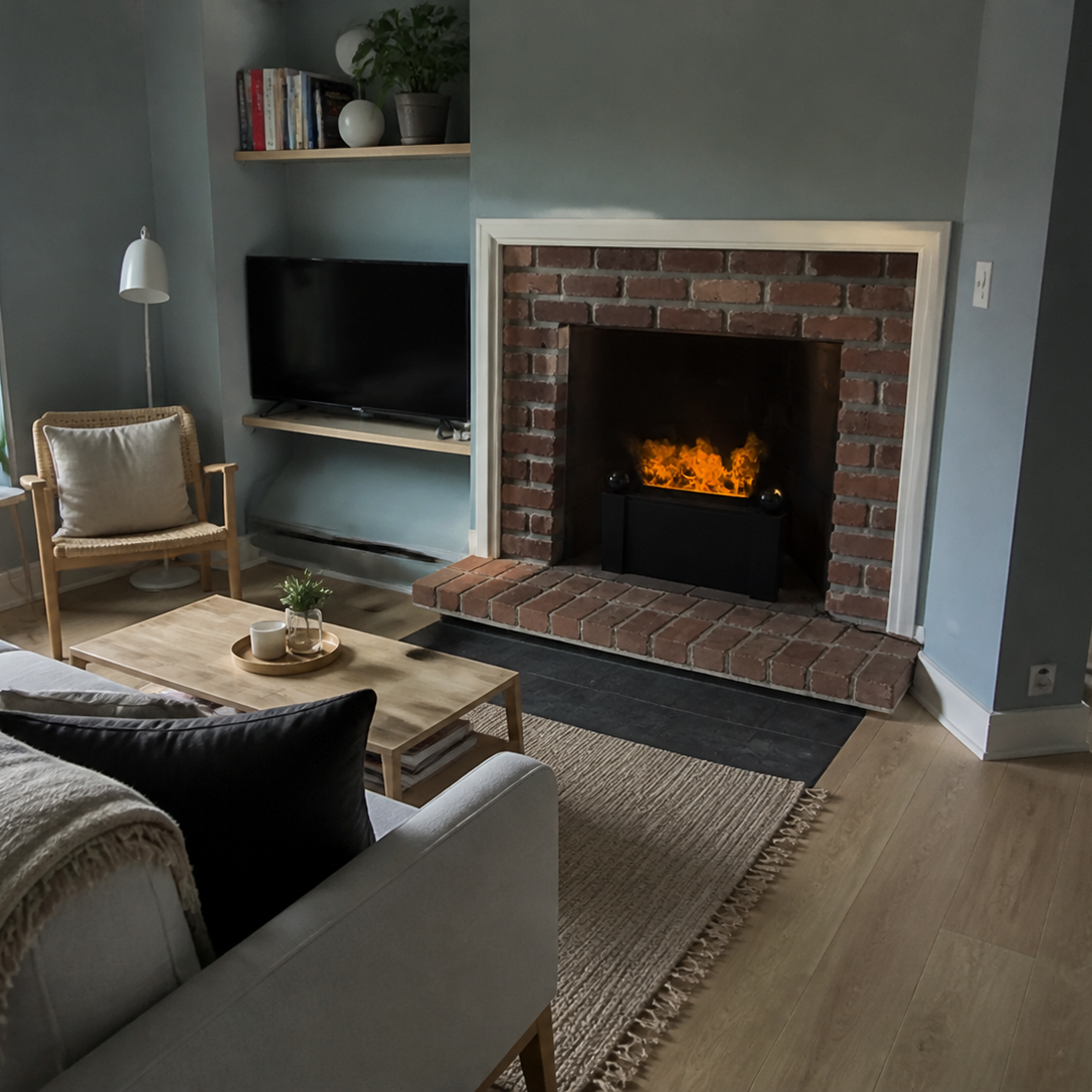 A modern living room featuring a Aquafire Gatsby Water Vapor Fireplace, styled with a light gray sofa, wooden coffee table, and neutral-toned rug.