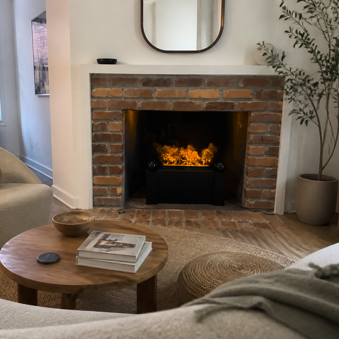 A cozy living room scene centered on a brick fireplace with a glowing fire from a Aquafire Gatsby Water Vapor Fireplace, surrounded by a cream armchair, round wooden coffee table, woven rug, and a tall potted plant.