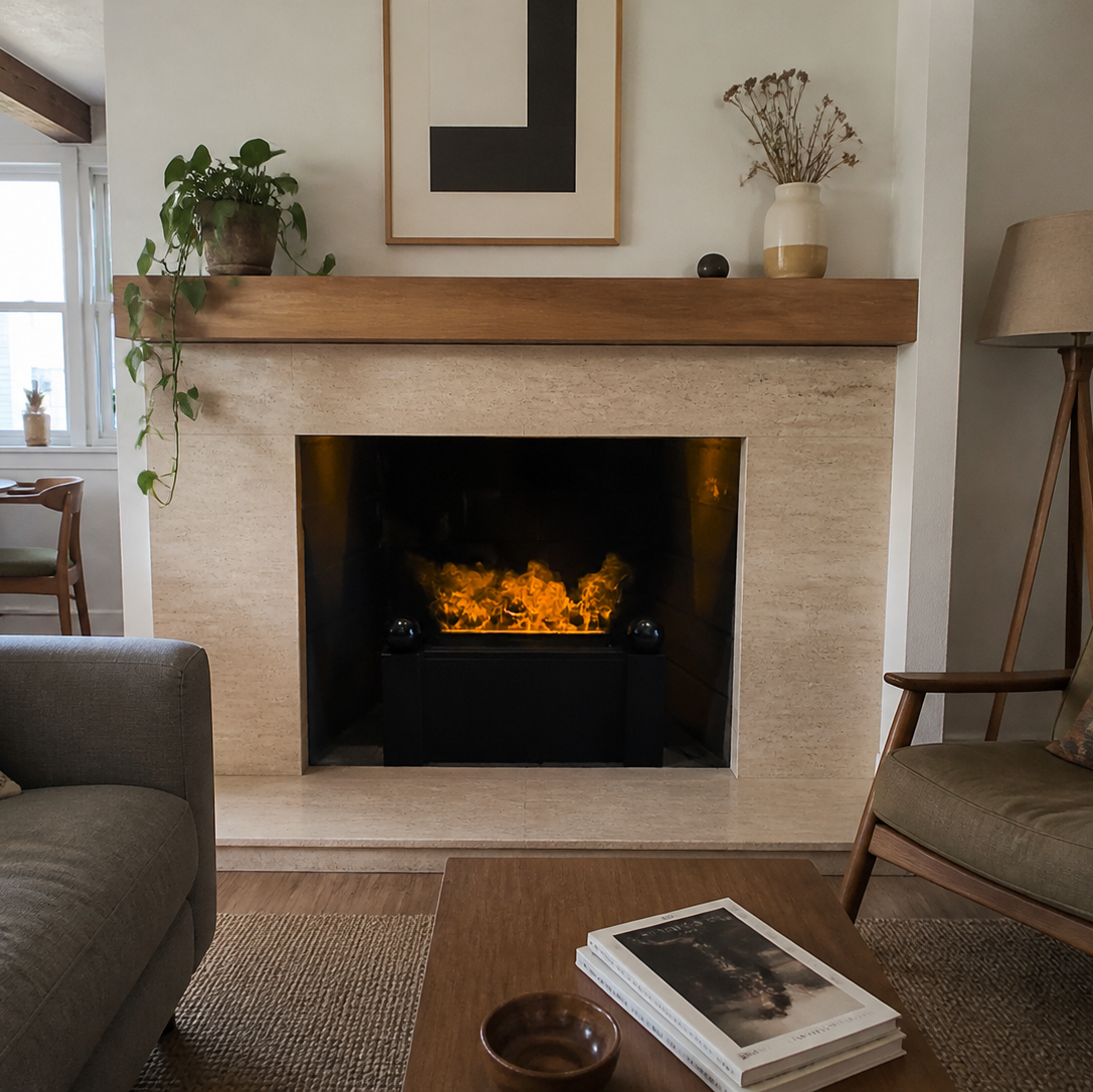 A modern electric Aquafire Gatsby Water Vapor Fireplace insert with glowing orange flames, set within a light beige stone mantel in a styled living room with a sofa, armchair, and floor lamp.