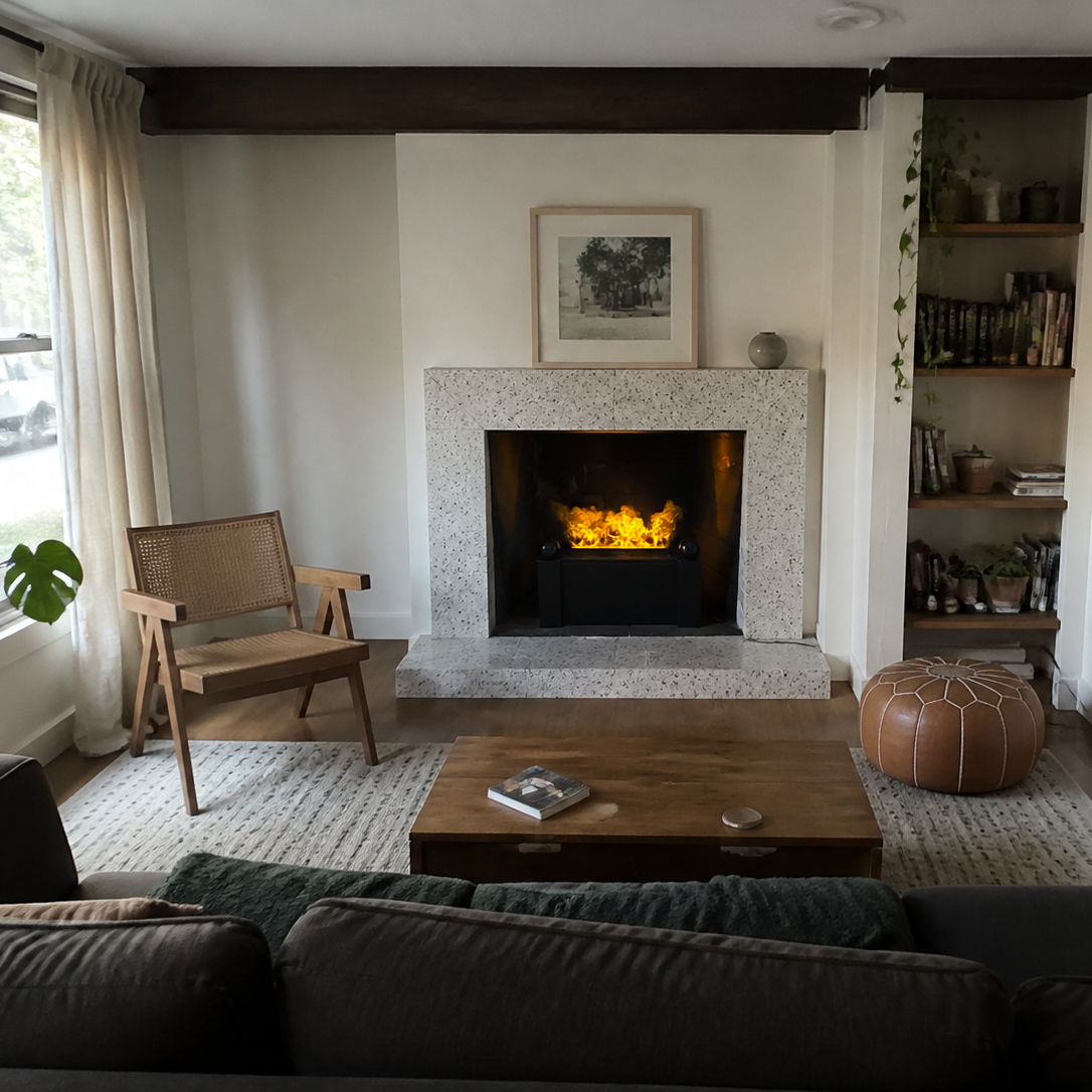 A cozy living room scene featuring a modern fireplace Aquafire Gatsby Water Vapor Fireplace with a stone surround and glowing fire, a wooden coffee table, a mid-century style armchair, a dark gray sofa in the foreground, and built-in shelves on the right.
