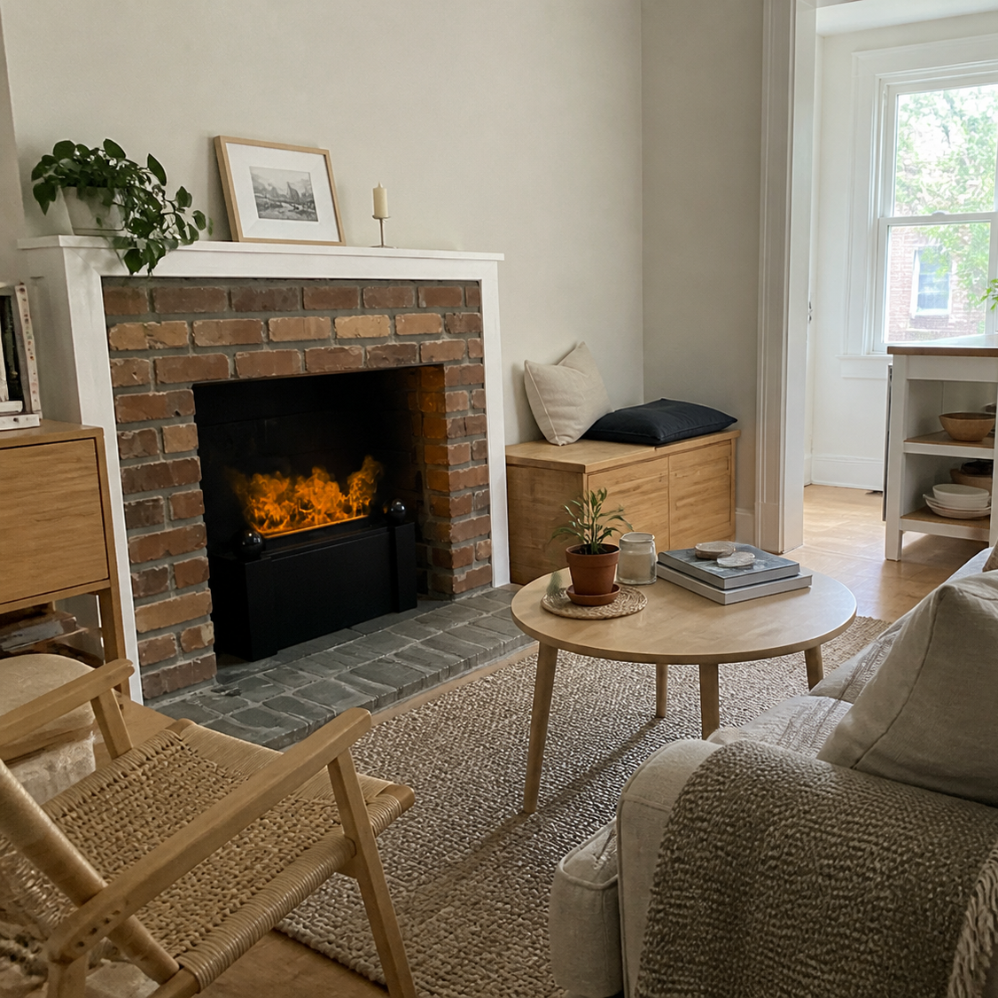 A cozy, modern living room featuring a brick fireplace with a Aquafire Gatsby Water Vapor Fireplace, a light wood coffee table, a beige sofa with textured throw and pillows, and a woven chair in the foreground.