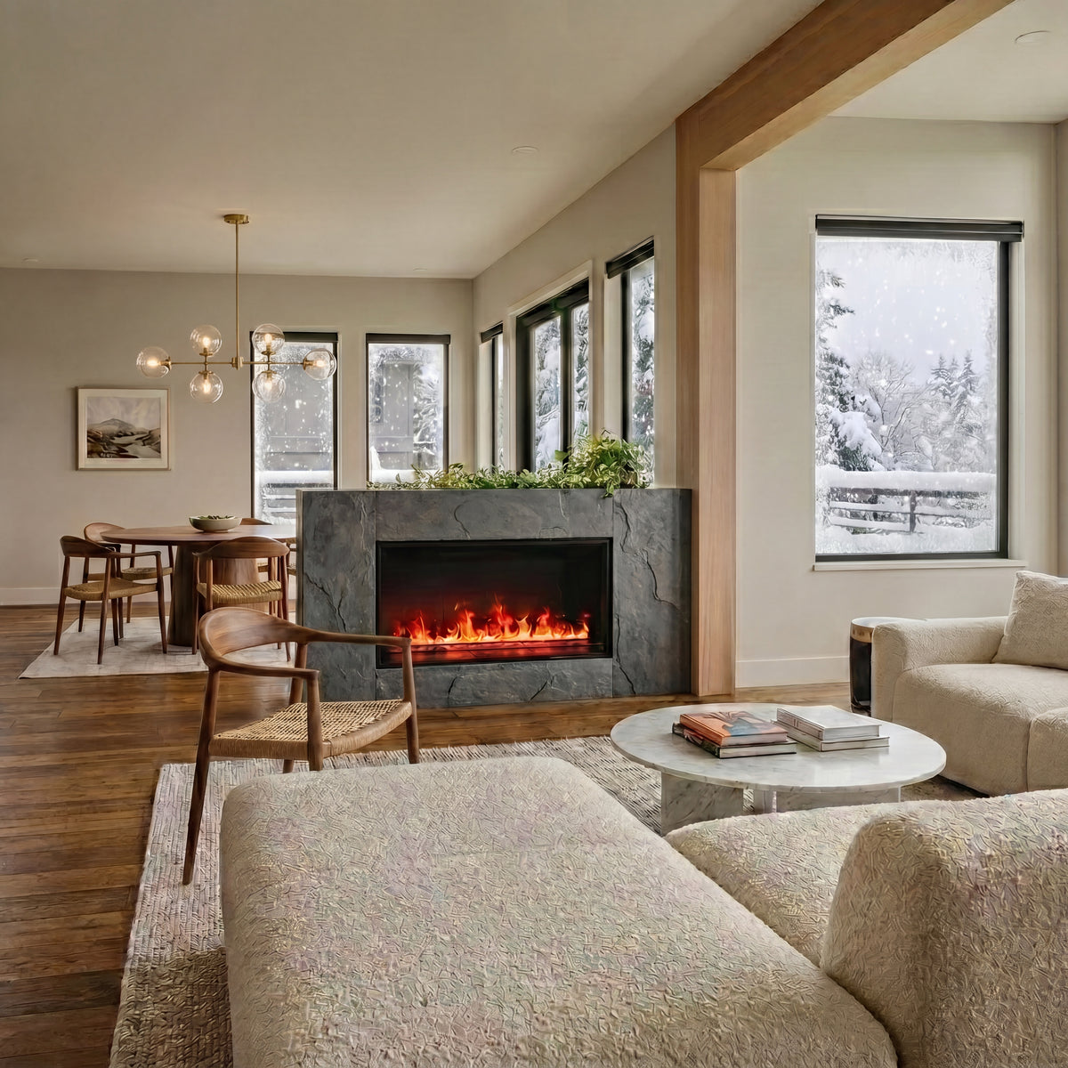 Modern living room with a Aquafire Water Vapor Fireplace, couch, and dining table.