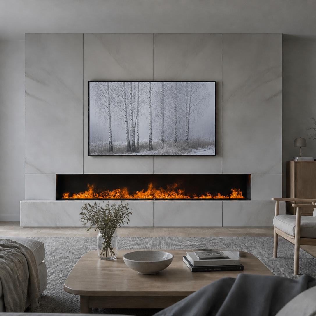 A modern living room featuring a long horizontal linear fireplace Aquafire Water Vapor Fireplace, set into a light gray marble wall beneath a framed forest print. A light wood coffee table, gray sofa, and a wooden armchair are arranged in front.