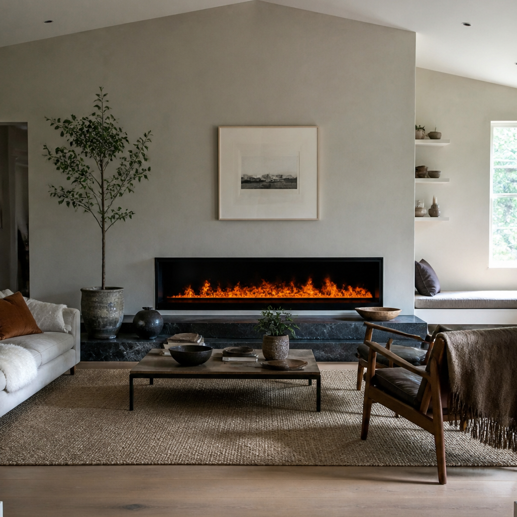 A modern living room featuring a long black linear Aquafire Pro Water Vapor Fireplace with a glowing orange flame effect, styled with a white sofa, wooden coffee table, and a tall potted tree against a neutral gray wall.