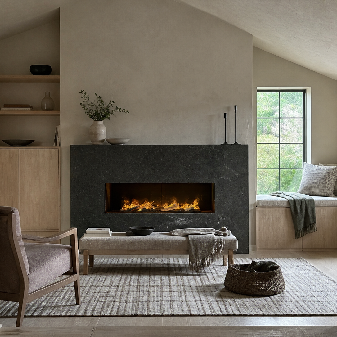 A modern linear electric Aquafire Pro Water Vapor Fireplace with a black frame and glowing orange flames, set in a minimalist, warm-toned living room with a gray rug, wooden bench, and window seat.