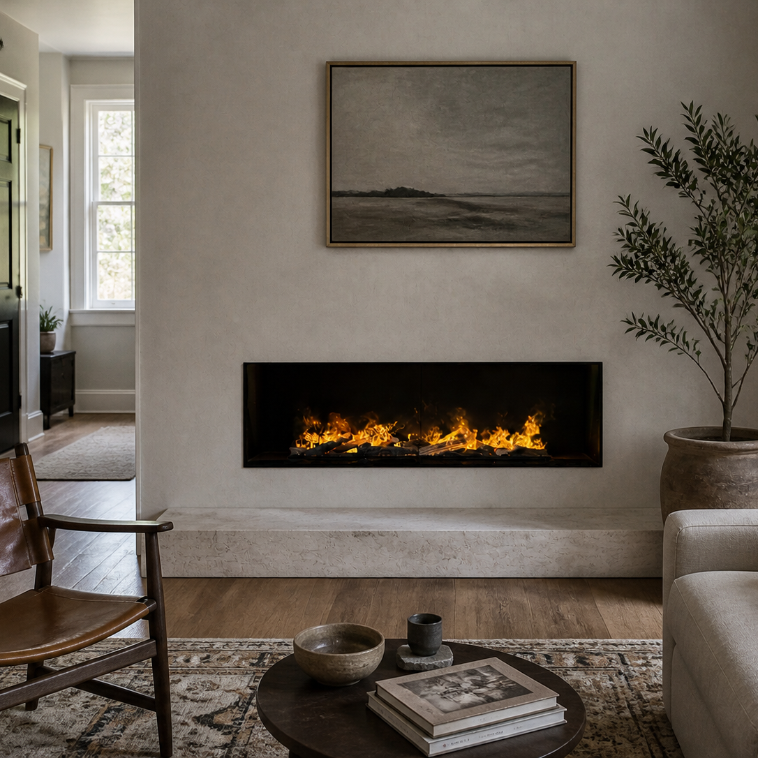 A modern linear Aquafire Water Vapor Fireplace with glowing orange and yellow flames set into a beige wall in a styled living room. A large framed landscape print hangs above the fireplace, and a tall potted plant stands to the right.